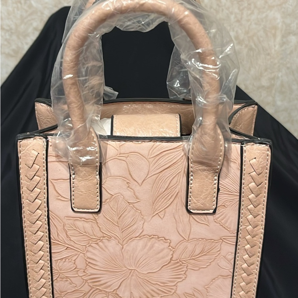 Pink and Gray Crossbody Bag with Embossed Floral Design